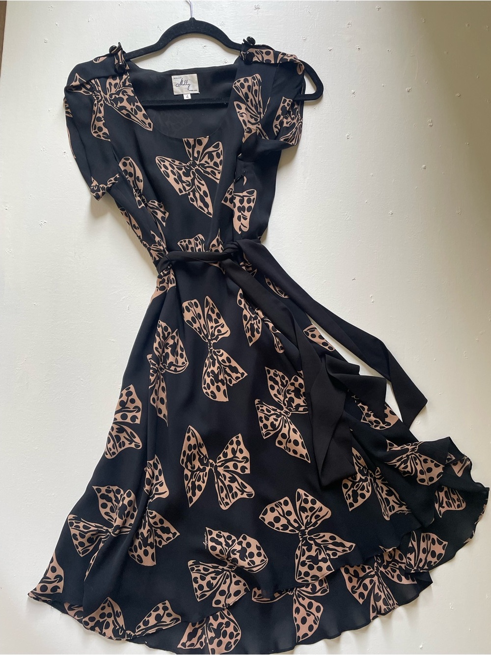 Silk Black Midi Dress with Tan Bow Print